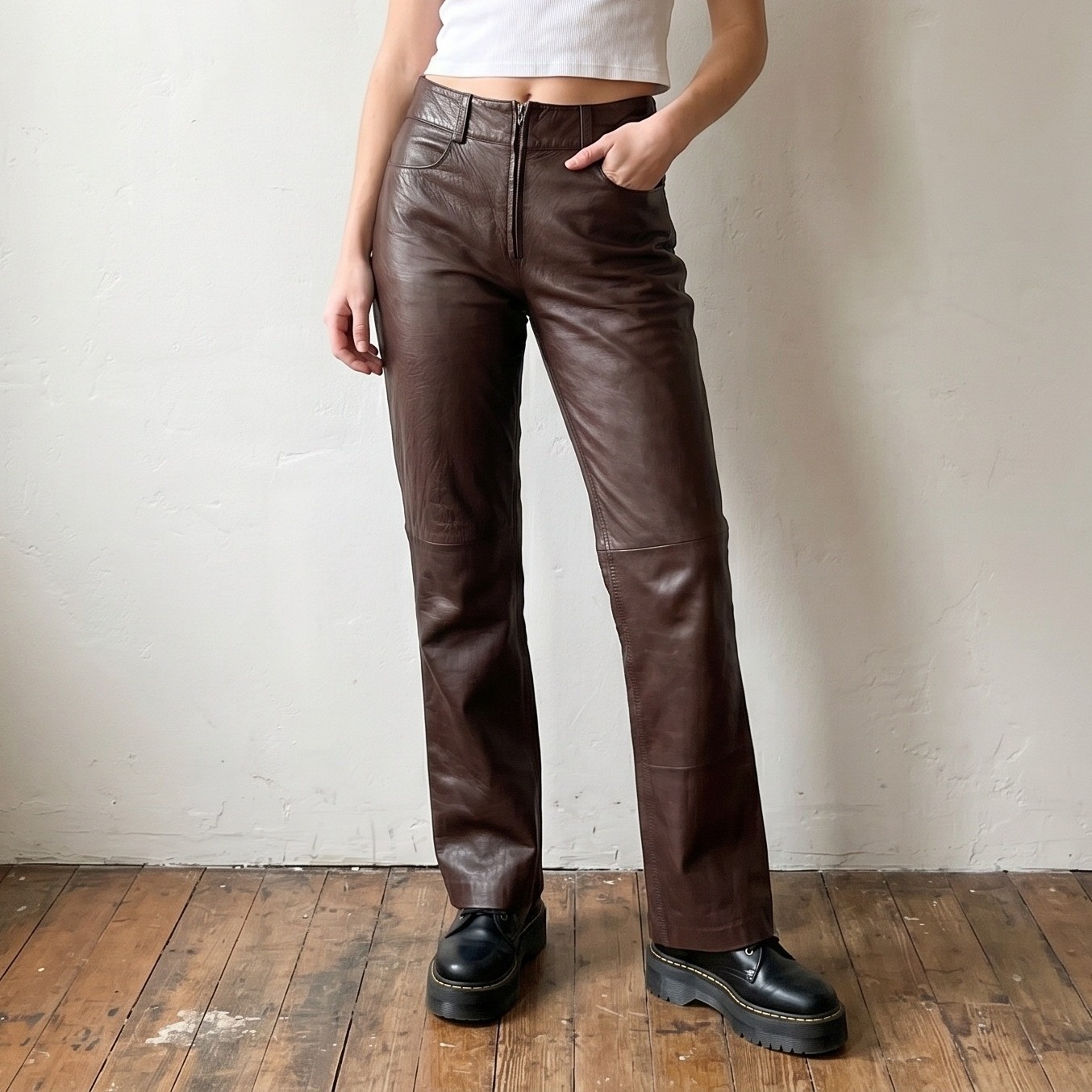 Vintage 90s Leather Pants Womens 25 Brown High Waisted Straight Leg Grunge Y2k